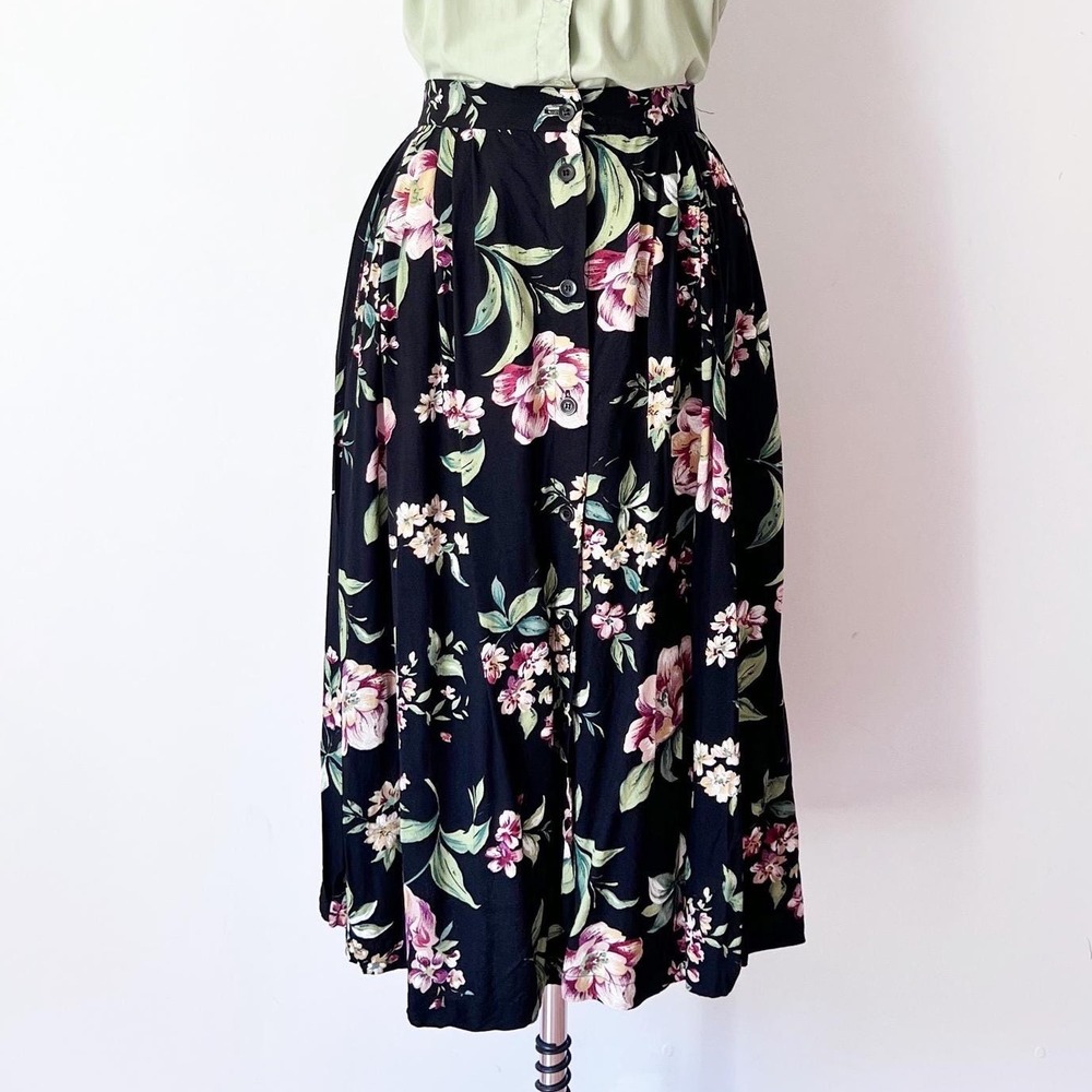Vintage Floral Midi Skirt Black Button Front High Waisted Pleated Pocket